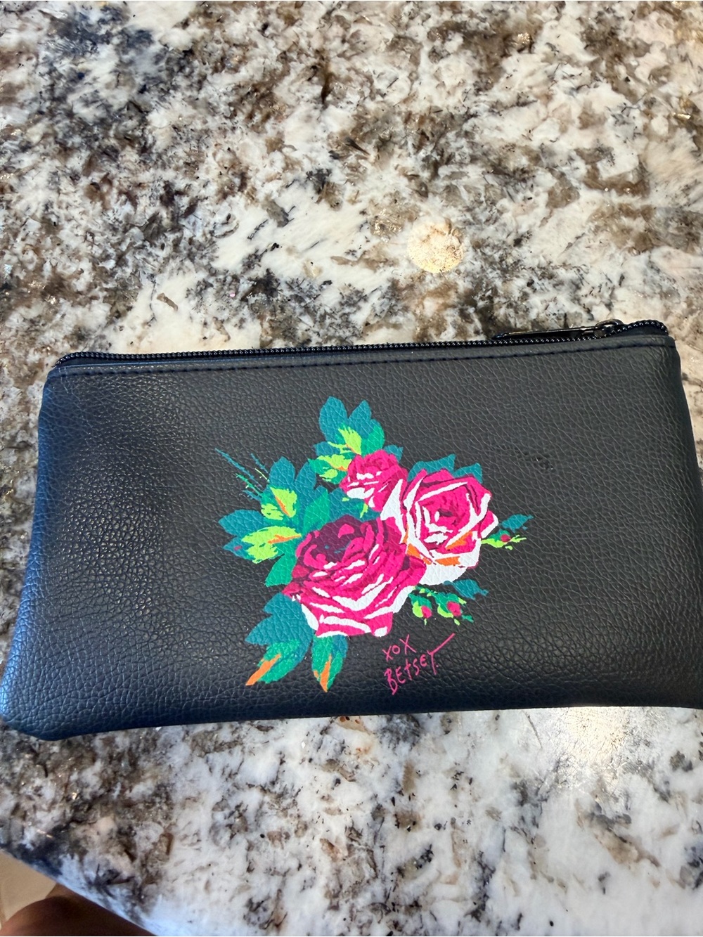 Betsey Johnson Black Floral Zip Pouch with Pink Roses